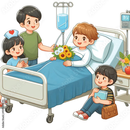 Kids Visiting Sick Friend In Hospital Bed