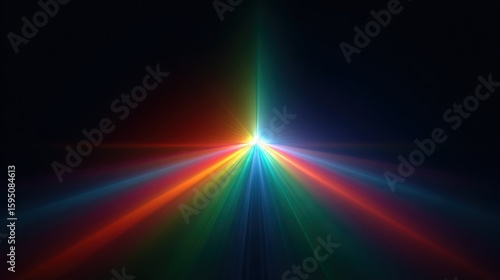 Vivid spectrum of light beams radiating from a central point against a dark void