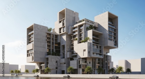 Modern architectural building with a unique, geometric design featuring stacked concrete blocks, balconies, and some greenery against a clear blue sky.