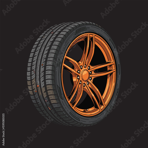 Sleek copper alloy wheel with performance tire, isolated on black.