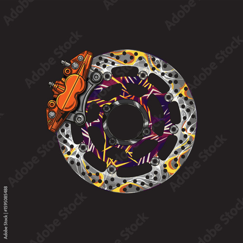 Detailed illustration of a motorcycle brake disc and caliper against a black background.