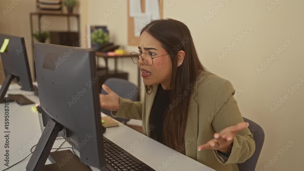 Woman in office wearing glasses and blazer appears frustrated while staring at computer screen in workplace setting, suggesting stress or confusion in a professional environment. Woman in office wearing glasses and blazer appears frustrated while staring at computer screen in workplace setting, suggesting stress or confusion in a professional environment.