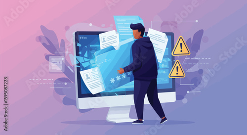 Person Dealing with Digital Overload and Warnings on Computer