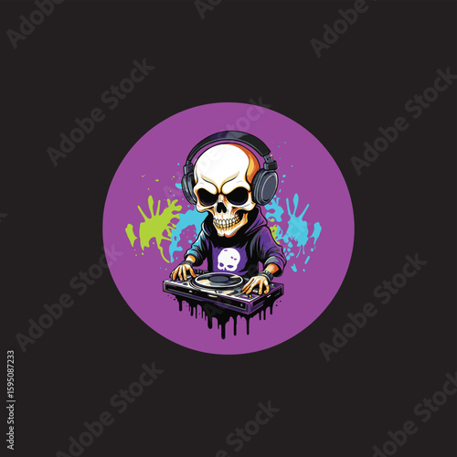 Cartoon skull DJ wearing headphones mixing music on a turntable within a purple circle.
