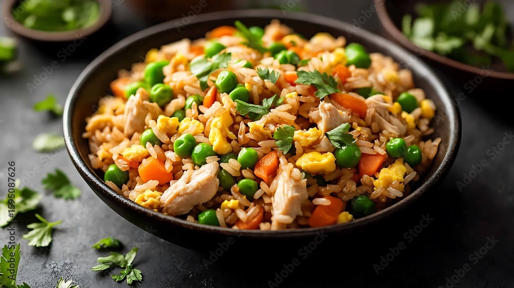 Bowl of Chicken Fried Rice with Vegetables and Herbs Bowl of Chicken Fried Rice with Vegetables and Herbs