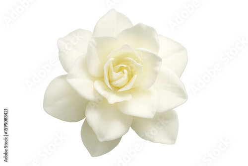 Pristine white gardenia blossom revealing soft, layered petals with intricate details against clean, transparent setting