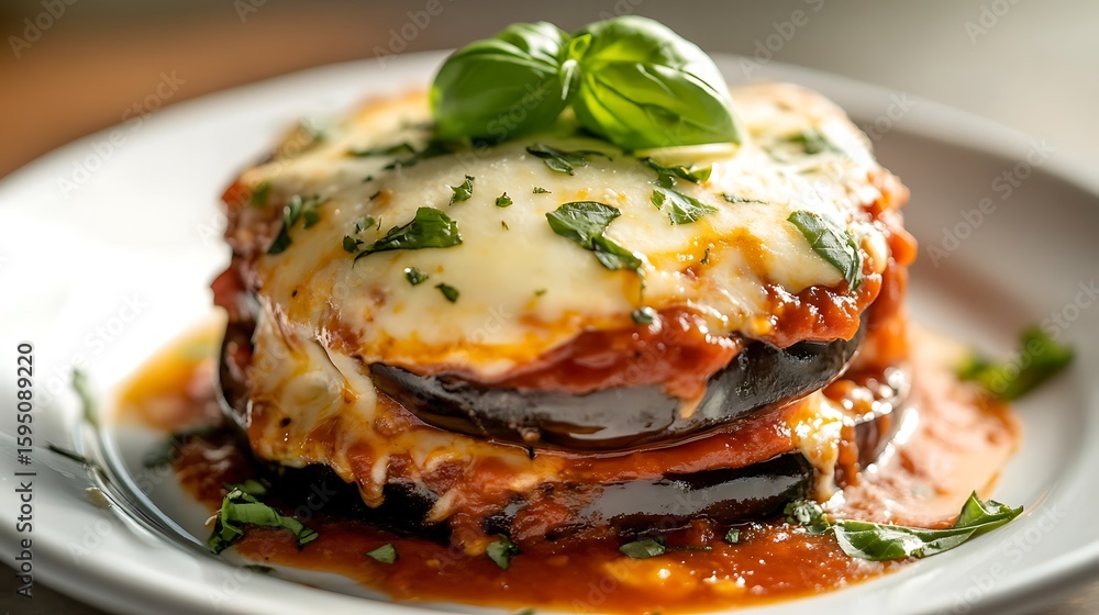 Layered Eggplant Parmesan with Fresh Basil and Melted Cheese Layered Eggplant Parmesan with Fresh Basil and Melted Cheese