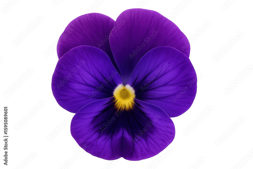 Obraz premium Studio shot of a single, vibrant purple pansy flower with a yellow center, isolated on a transparent background