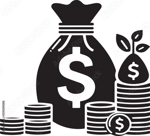 Money bag or stash of money flat icon silhouette vector
