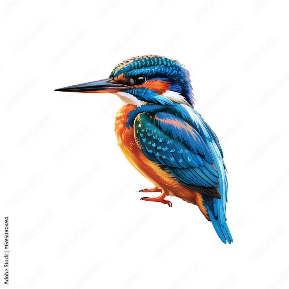 Obraz premium A Vivid Digital Painting of a Common Kingfisher Perched Against a white Background Showing Detailed Feathers in Vibrant Blue Orange and White Hues