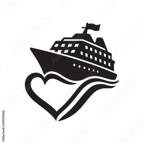 A black and white graphic of a cruise ship sailing through a heart shaped wave design with a flag on top