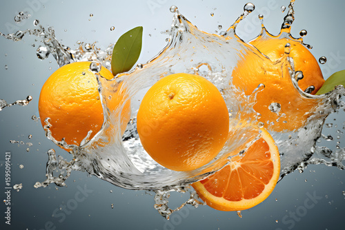 Fresh oranges splash into clear water creating vibrant droplets