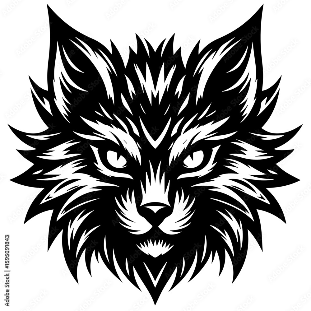 Fototapeta premium Tribal Cat Head Vector – Fierce Symmetrical Feline Illustration in Black and White