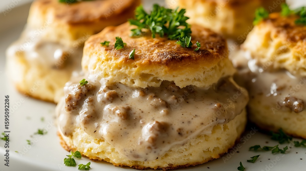 Golden Biscuits Topped with Creamy Sausage Gravy and Garnished with Fresh Parsley Golden Biscuits Topped with Creamy Sausage Gravy and Garnished with Fresh Parsley