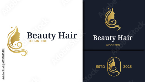 beauty woman hair gold beauty hair queen logo design	
