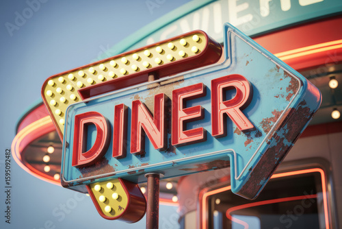 Vintage Diner Sign Illuminated with Retro Neon Lights Inviting Guests on a Nostalgic Evening