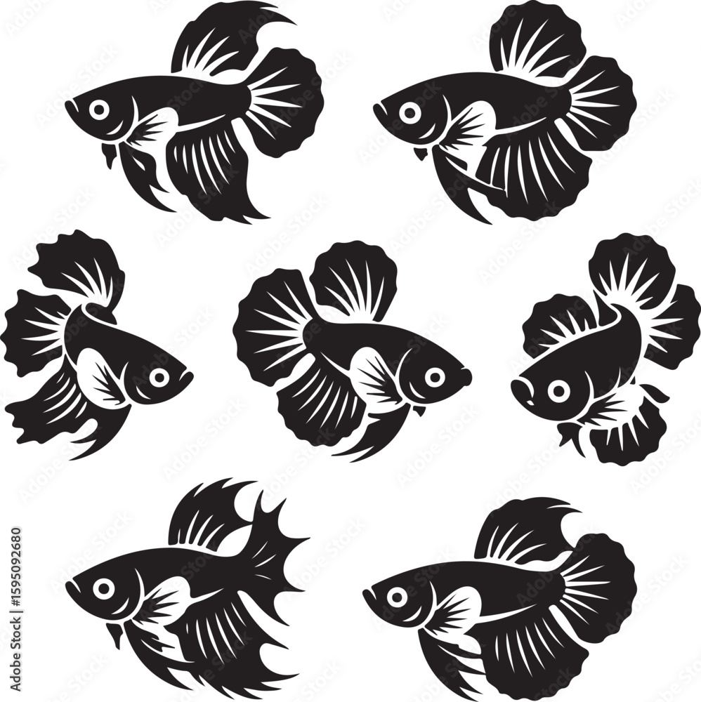 Fototapeta premium Stylized black and white illustrations of siamese fighting fish