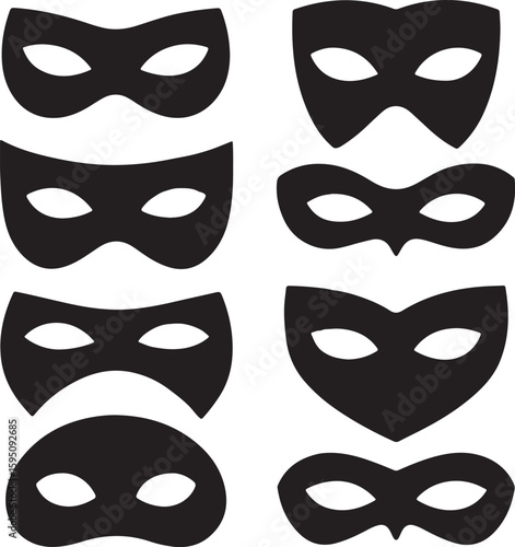Collection of eight black masquerade masks silhouette