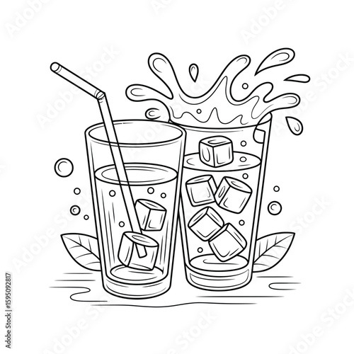 Refreshing drinks with ice and straws hand drawn illustration