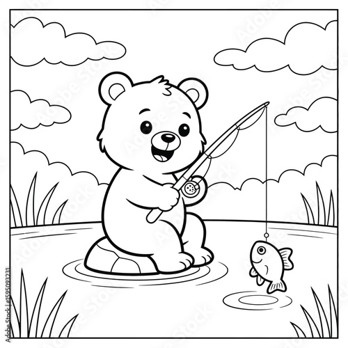 Cute cartoon bear fishing for a small fish in a pond