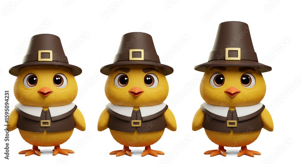 Fototapeta premium Cute cartoon chickens in pilgrim hats