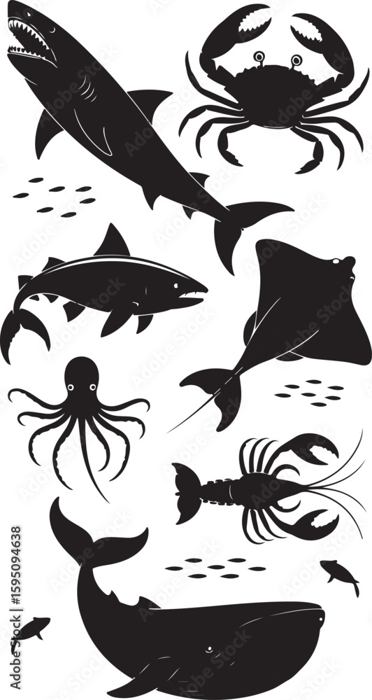 Naklejka premium Collection of marine life silhouettes in black and white silhouette