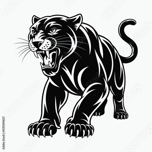Fierce black panther roaring with bared teeth and claws