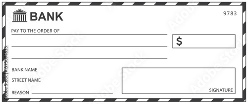 Bank check, vector blank money cheque, checkbook template with guilloche pattern and fields. Currency payment coupon, money check background