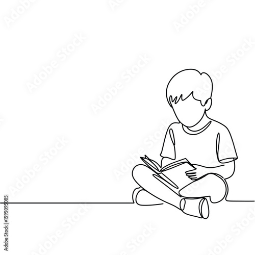 Child reading a book in a simple line drawing style
