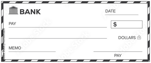 Bank check, vector blank money cheque, checkbook template with guilloche pattern and fields. Currency payment coupon, money check background