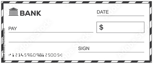 Bank check, vector blank money cheque, checkbook template with guilloche pattern and fields. Currency payment coupon, money check background