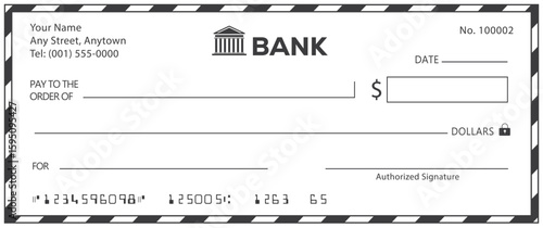 Bank check, vector blank money cheque, checkbook template with guilloche pattern and fields. Currency payment coupon, money check background