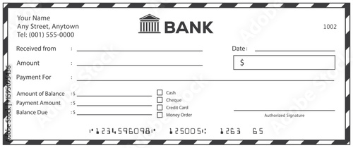 Bank check, vector blank money cheque, checkbook template with guilloche pattern and fields. Currency payment coupon, money check background