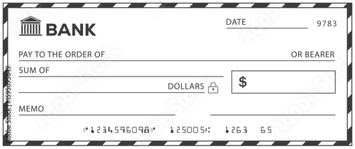 Bank check, vector blank money cheque, checkbook template with guilloche pattern and fields. Currency payment coupon, money check background