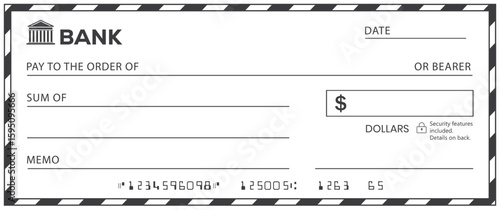 Bank check, vector blank money cheque, checkbook template with guilloche pattern and fields. Currency payment coupon, money check background