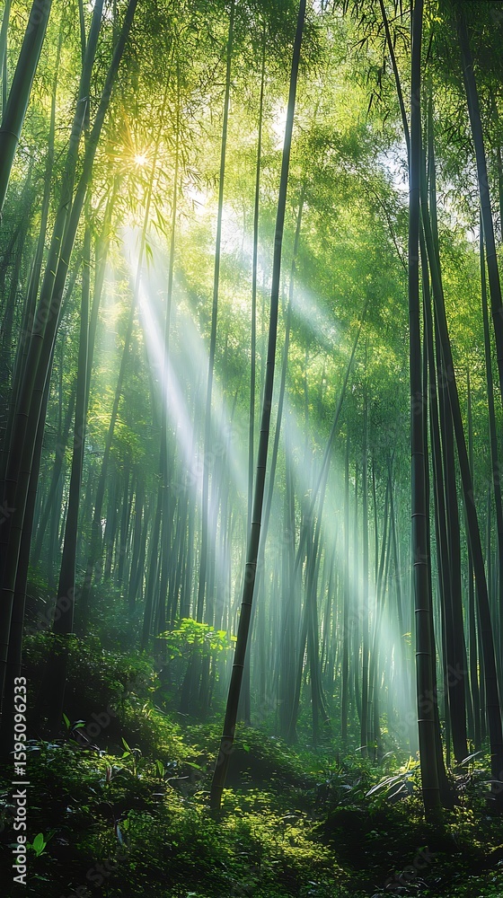 Obraz premium Sunlight dramatically streams through dense bamboo forest creating a serene and visually striking scene