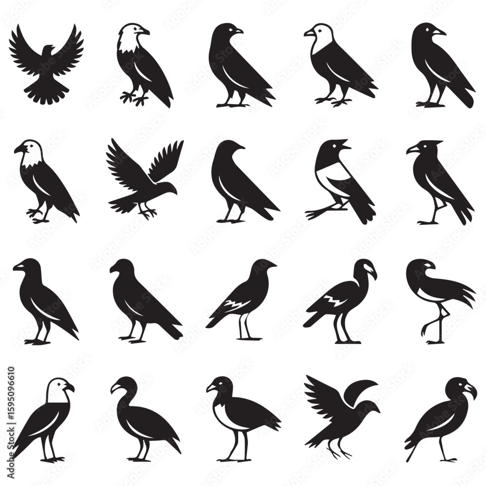 Naklejka premium Elegant silhouettes of birds in various poses, perfect for design and illustration purposes