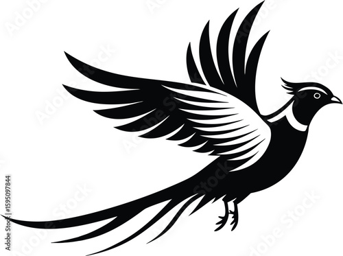 Flying pheasant silhouettes, rooster bird vector, ring-necked illustration, wildlife silhouette design