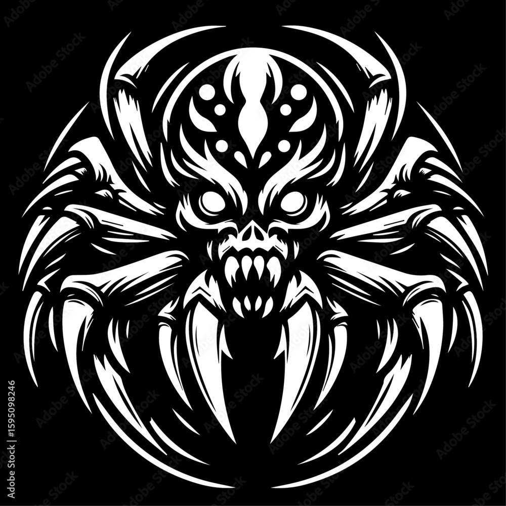 Fototapeta premium Terrifying Spider Head in Aggressive Symmetrical Line Art Design
