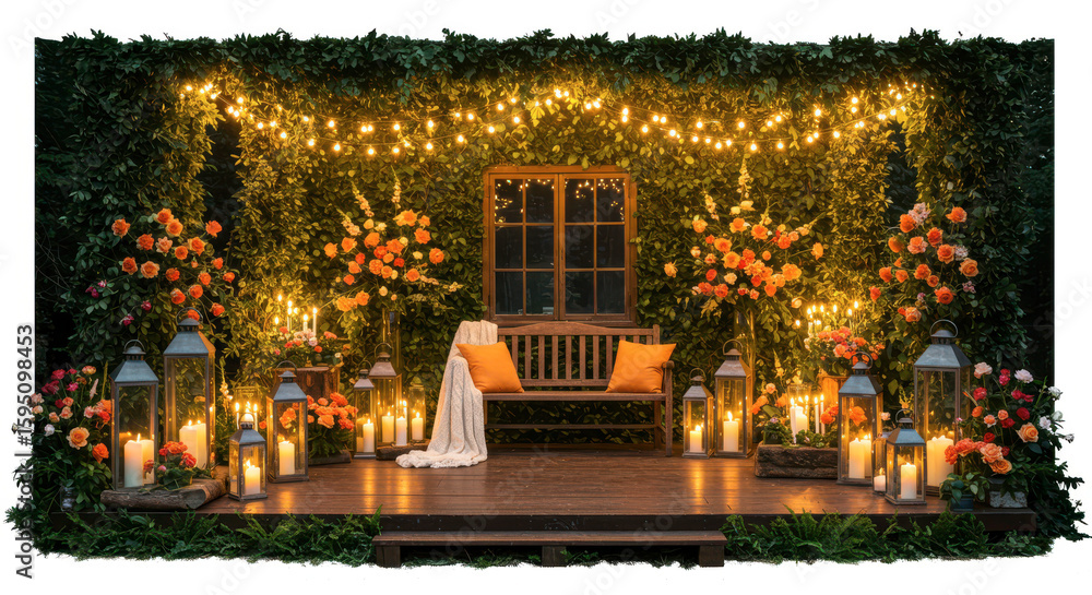 Enchanting outdoor wedding ceremony altar decorated with lush greenery and warm string lights Enchanting outdoor wedding ceremony altar decorated with lush greenery and warm string lights
