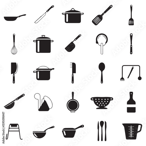 Variety of kitchen utensils are shown in a pattern against a white background for cooking needs