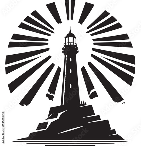 Lighthouse Beacon with Radiating Light and Path - Vector Silhouette