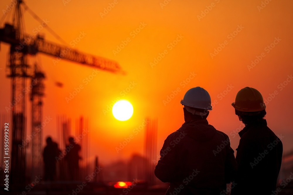 Fototapeta premium Construction workers in severe hats evaluating progress at a building site during sunset .