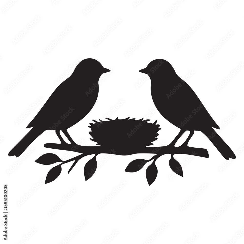 Fototapeta premium Birds on Branch with Nest Silhouette Vector Illustration Isolated on White