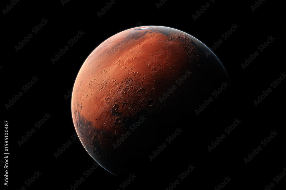 Fototapeta premium A detailed view of the planet Mars, showcasing its reddish surface against a dark backdrop
