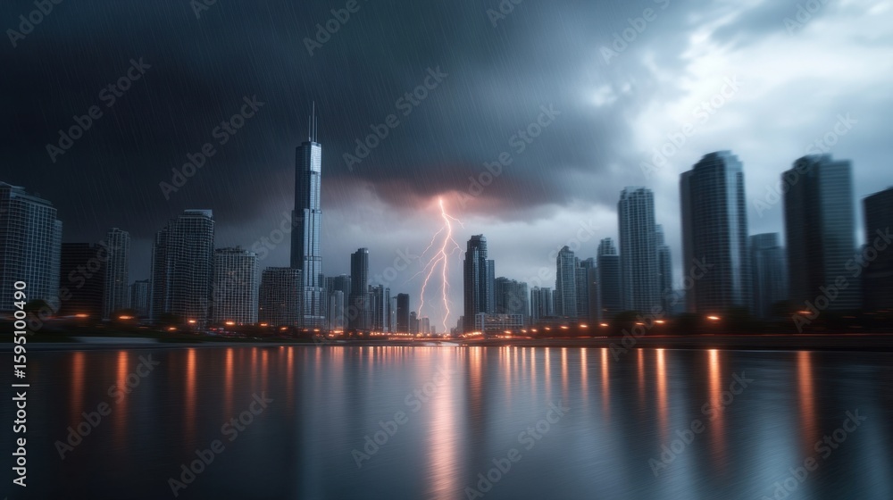 Fototapeta premium Dramatic lightning strikes over rainy urban cityscape at night