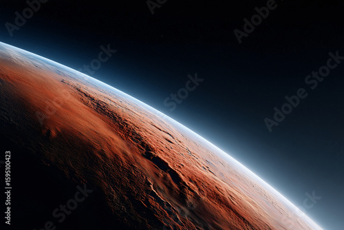Fototapeta Naklejka Na Ścianę i Meble -  A stunning aerial view of Mars, showcasing the red planet and its thin atmosphere with the contrast of dark space