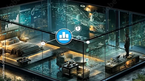 Futuristic smart home interface with digital overlays and automated systems