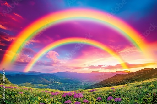 Vivid rainbows brightly arch over scenic mountain vista and lush wildflower meadow at sunset