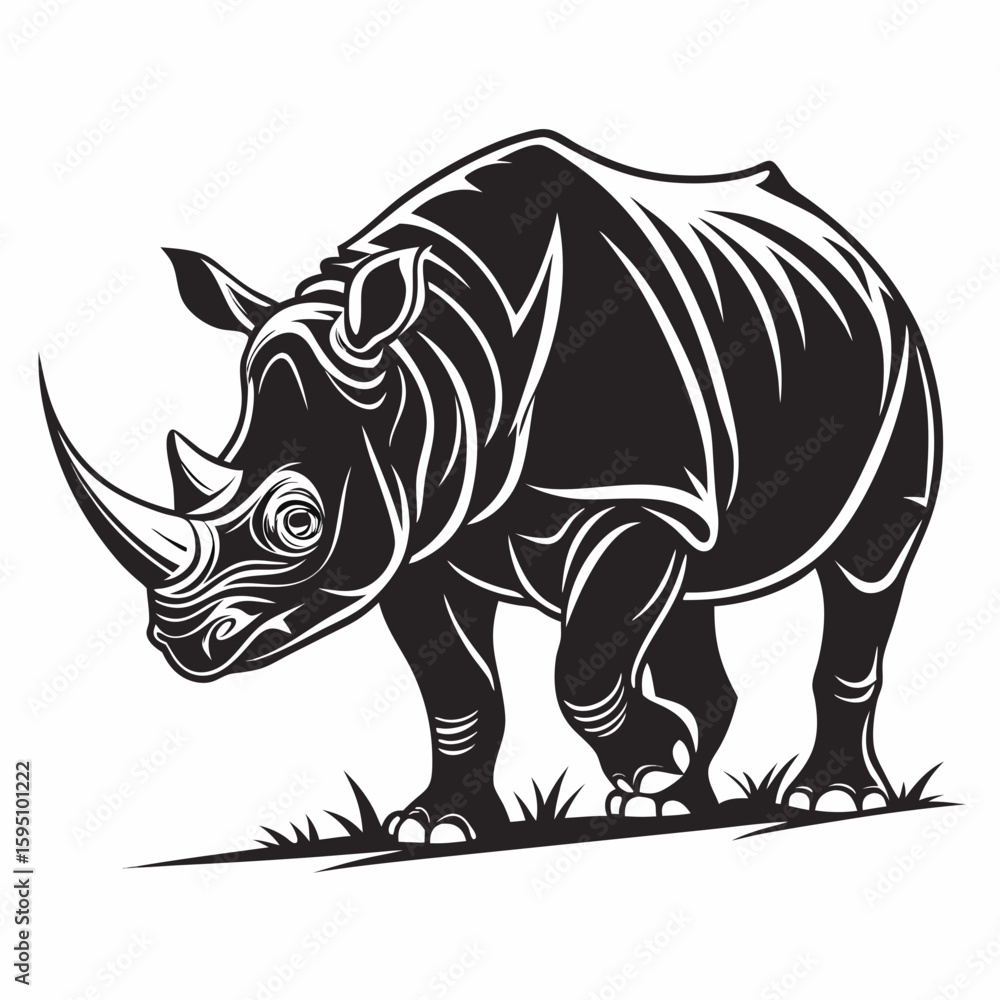 Fototapeta premium A rhino illustration with grass in black and white